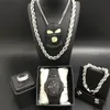 Earrings & Necklace Luxury Men Black Color Watch Neckalce Braclete Ring Combo Set Out Cuban In Crystal Hip Hop For