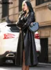 Lautaro Frühling Schwarz Wasserdicht Leder Trenchcoat für Frauen Langarm Gürtel Zweireiher Herbst Designer Mode 211007