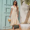 Sommer Solide Strandkleid Frauen V-Ausschnitt Kurzarm Lange Böhmische Lässige Spitze Up Split Rüschen Maxi Sommerkleid Vestidos Damen 210526