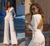 Zarif Boho Beach Bir Çizgi Tulumlar Gelinlik Uzun Kollu Cepler Ile Gelin Resepsiyon Tulum Örgün Gelin Pantsuits Robe De Mariee Custom Made