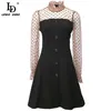 Fashion Runway Summer Dress Women Tulle Long sleeve Polka Dot Print Patchwork Black Vintage Ladies Mini 210522