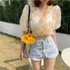 Floral Print Transparent Blouses Tops Retro Mori Girl Holiday Shirts Vrouwelijke Korte Mouw Doorzicht door Summer Beach Romantic Tops 210417