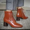 Sophitina fotled stövlar kvinnor casual premium läder tvärbundna handgjorda stövlar kvadratiska tå högklackade mode kvinnliga skor so776 210513