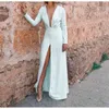 Kobiety Sukienka Głęboka Neck Wysoka talia Split Długi Seksowny Solidny Rękaw Slim Party Es White Plus Size XL 210524