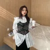 Loose Fungus Puff Long Sleeve White Big Lapel Shirts Dress Women Mini Ruffles Sexy Floral Embroidery Camisole Jacquard Tops Sets 210429