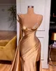 Aso Ebi Arabic Gold Crystals Sexy Evening Dresses High Split Prom Dress Satin Formal Party Second Reception Gowns Vestidos De Novia