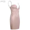 Été Femmes Pink V Cou Mini Mini Robe Club Sans Manches Sexy Spaghetti Strap Fashion Celebrity Robe de piste de piste de piste 210423