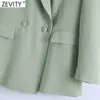 Zevity Womenファッションノッチ襟グリーンフィッティングブレザーコートオフィスレディース長袖ポケット女性のアウターシックトップスCT680 210603