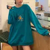 PERHAPS U Peacock Blue Gray Dinosaur Embroidery O Neck Sweatshirts Pullovers Thin Casual Loose Long H0073 210529