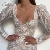 Summer Women Short Long Sleeve White Lace Sexy Bodycon Mini Party Dress 210415