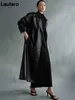 Lautaro Herfst Extra lang oversized Black Faux lederen trenchcoat voor vrouwen lange mouw riem dubbele breasted losse mode 210929