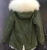 winter wit wasbeerbont trim damesparka Meifeng merk sneeuwvos bont gevoerd legergroen canvas mini-jack