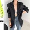 2020 Autumn women's outfit new black satin blazer vintage solid korean stylte casual loose suit jacket trend fashioin X0721