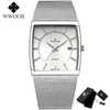 Reloj Hombre Wwoor Men Square Klockor Slim White Watch Men Stål Mesh Vattentät Business Datum Quartz Armbandsur Gift Male XFCS 210527