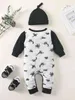 Baby Stripe & Dinosaur Print Patched Pocket Jumpsuit With Hat SHE