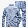 Punk in stile maschile da uomo Nuovo semplice giacca in jeans a manica lunga azzurra a blu chiaro + jeans jeans slim cottle jeans set x0909