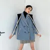 2 Piece Winter Wool Coat Tweed Jacket Fashion Women Blue Double Breasted Designer Overcoat 210427