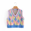 Rainbow Argyle Stickad Sweater Vest Kvinnor Ärmlös V Neck Casual StreetStyle Höst Vinter 210427