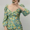 Impressão floral elegante blusas de colheita de moda manga bolinho de volta elástico camisas blusas streetwear mulheres chique tops 210430