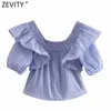 Zevity Women Vintage Square Collar Paski Print Krótki Bluzka Smock Panie Pleat Ruffles Casual Femininas Koszula Chic Topy LS9301 210603