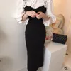 Elegant Two Pieces Set Women White Lace Hollow Out Blouse + Black Sleeveles Dress Korean Ol Spring Summer Fashion Suit 210519