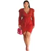 赤い赤のミニドレスのプラスサイズの長いフリルスリーブローカットドレスの大きいサイズの婦人服Y0726