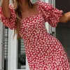 Casual rode bloemenprint boho jurk zomer strand jurk vrouwen famale korte mini sundress vintage vestidos de mujer mode 210415