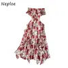 Neploeの女性の緩いエレガントなドレス新しい夏の甘い帝国フリルスラッシュネック不規則ロングプリント女性のビーチドレス8 210423