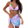 Vigorashely Sexy Gradient Color Imprimir Três Peças Bikini Set Mulheres com Saia Swimsuit Feminino Swimwear Push Up Ternos de Banho 210722