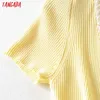 Tangada Korea Chic Women Summer Pearl Neck Yellow Sweater Short Sleeve Ladies Knitted Jumper Tops AI87 210609