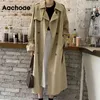 Aachoae Vintage Autunno Lungo Trench Coat Donna Doppio Petto Coulisse Manica Casual Giacca a Vento Turn Down Collar Cappotti da Donna 210413