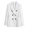 ZA Mulheres Moda Branco Dupla Breasted Blazers Casaco Vintage Stripe mangas compridas Outerwear e cintura alta calças casuais conjunto 210602