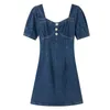 Mulheres Slash pescoço de manga curta sopro uma linha mini vestido verão praia feminina denim azul botão d1940 210514