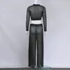 Mulheres Tracksuits Glitter Sheer Malha De Manga Longa Perspectiva Tshirt e Largo Pants Terno Feminino Sexy Shine Basic Tee 210517