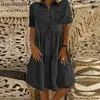 Casual Dresses Vintage Style Women Leisure Short Sleeve Turn Down Collar Pocket Button Knee-length Elasticity Denim Dress