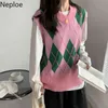 Nepoel trui Vest Plaid roze truien V-hals mouwloze tank tops Koreaanse gebreide trui vaccoat contrast kleur kleding 210422