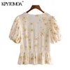 Women Fashion Floral Print Ruffled Blouses Puff Sleeves Button-up Female Shirts Blusas Chic Tops 210420
