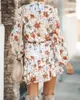 White Ruffled Mini Vintage Print Irregular Dress Autumn Clothing Lantern Sleeve Elegant Chiffon Dress Lace up Slim Streetwear 210706