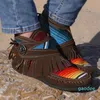Çizmeler 2021 Kadınlar Saçak Kış Kahverengi Artı Boyutu Flats Ayakkabı Yuvarlak Ayak Bileği Colorblock Rahat Bayanlar