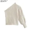 Kvinnor Sexig Asymmetri Singel Shoulder Short Crochet Knitting Sweater Kvinna Chic Lantern Sleeve Slim Pullovers Tops CT687 210416