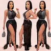 Mode sexy empire ras du cou femmes paillettes 2 pièces robes de soirée 2023 été femmes strass design robe belle discothèque serré net fil chemises femme vêtements