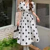 Abito da donna estivo francese vintage femminile a pois con scollo a V manica a sbuffo vita alta abito casual da vacanza abiti 210518