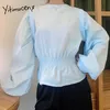 Yitimuceng azul blusa mulher ruffles ruffles tops coreano moda longa lanterna manga escritório senhora camisa primavera verão 210601