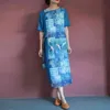 Johnature Women Vintage Bandage Dresses Patchwork Print Floral Robes Blue Summer O-Neck Short Sleeve Female Loose Dress 210521