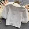 Sommer Vintage Tweed Jacke Mantel Frauen CropTop Kleiner Duft Patchwork Koreanische Perlen Woll Elegante Kurze Oberbekleidung 210514