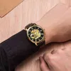 Forysing Luksusowa marka Mężczyźni Zegarki 3D Dial Design Hollow Gold Watch Men Skórzany Szkielet Mechaniczny Zegar Relogio Masculino 210517