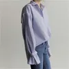Bahar ve Yaz Petal Kollu Gömlek Gevşek Orta ve Uzun Bf Mavi Beyaz Çizgili Dip Bluz Kadınlar 210615