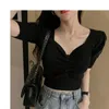 Vintage Puff Tee Short Sleeve V-neck Knitted T-shirts With Decorated Buttons Girls Solid Stretchy Crop Tops Thin Knitwear For Women