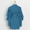 TWOTWINSTYLE Blue Blazers For Women Notched Ruffled Sleeve Ruched High Waist Sashes Elegant Coats Female Spring Clothes 211122