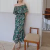 Pinnkoz Letnie wakacje Zielony Kwiatowy Drukowane Ruffles Slash Neck Sim Bodycon Mermaid Midi Sukienka Kobiety Casual Beach Dresses Boho 210421